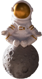 Fundación Planeta Tierra – Educación, Bienestar y Primera Infancia #de0a7 8 Figura de un astronauta en posición de meditación sentado sobre una luna, representando la conexión entre exploración espacial y calma interior.
