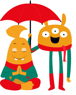 Dos personajes tipo monstruitos, uno meditando y otro ofreciendo un paraguas, representando de forma lúdica a educadoras conscientes y empáticas.